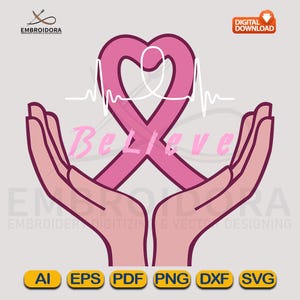 Breast Cancer Ribbon In Heart SVG, Breast Cancer Awareness SVG, Survivor, Warior, Pink, October Design PDF Cut File For Cricut By Embroidora