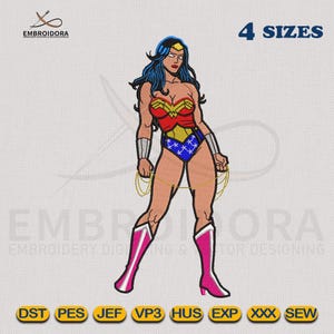 Disegno per ricamo a macchina raffigurante la supereroina Wonder Woman con corda / Wonder Woman EMB digitalizzazione / Schema per ricamo a 4 dimensioni di telaio di Embroidora