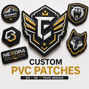 May include: A collection of custom PVC patches in black, white, and gold. Designs include a central shield with a letter E, a mountain peak labeled SUMMIT EXPEDITION, a hexagonal logo, a bear head, a wolf head, and a rectangle reading NEXORA SOLUTIONS.