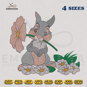 Bambi Thumper Cartoon With Flower Machine Embroidery Design | Rabbit Embroidery Digitizing | 4 Hoop Sizes Embroidery Pattern By Embroidora
