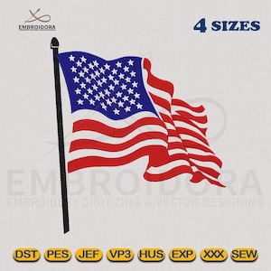 Könnte beinhalten: Ein gesticktes Design der amerikanischen Flagge mit roten und weißen Streifen und einem blauen Feld mit weißen Sternen. Der Text "4 SIZES" und Dateityp-Abkürzungen sind enthalten. Das EMBROIDORA-Logo ist sichtbar.