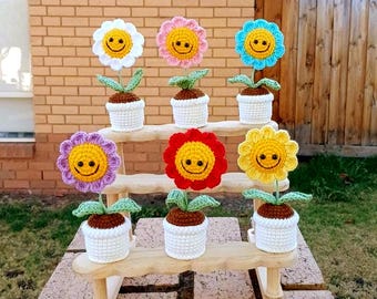 手作りかぎ針編みの笑顔のひまわり - 編みぐるみひまわりぬいぐるみ - 鉢植えの花飾り - ユニークな手作りギフト - 母の日ギフト - ホームデコレーション