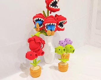 かわいいかぎ針編みの豆鉄砲植物：ゲーマーのデスクデコレーション