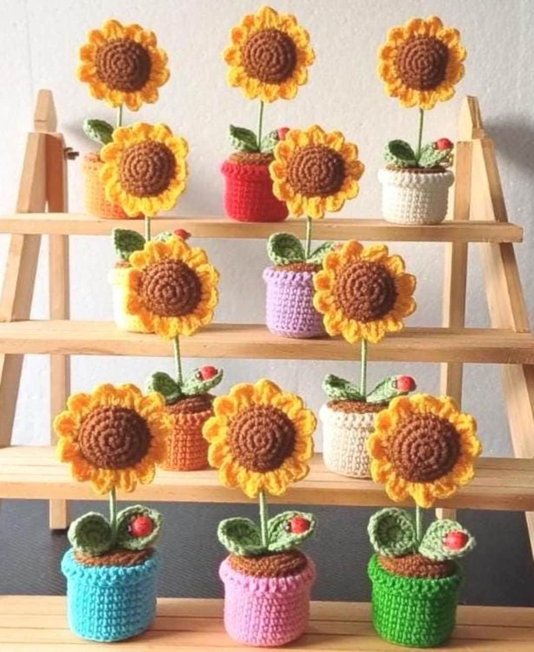 Mini Crochet Sunflower in Pot Handmade 15cm Tall Ladybug Gift Teacher ...