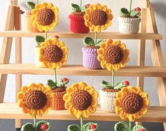 ミニかぎ針編みひまわり鉢植え 手作り 高さ15cm てんとう虫ギフト 先生への感謝の贈り物 デスクデコレーション