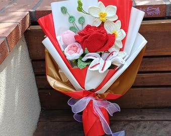 かぎ針編みの花束：手作りのバラ、ユリ、蘭のアレンジメント