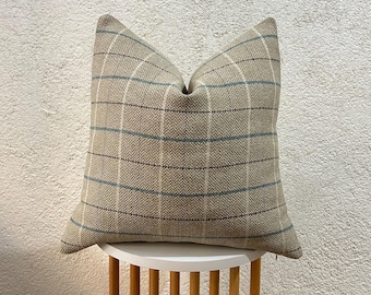 Beige Tartan Plaid Pillow Cover, Linen Wool Blend Checkered Cushion, Farmhouse Euro Sham