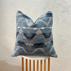May include: A square throw pillow featuring a textured woven fabric in shades of blue, gray, and white. The pillow displays a repeating horizontal zigzag or chevron pattern across its surface, with a visible zipper closure along the bottom edge.