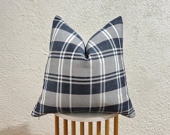 Gray Blue Plaid Pillow Cover, Linen Check Cushion, Rustic Farmhouse Throw Pillow