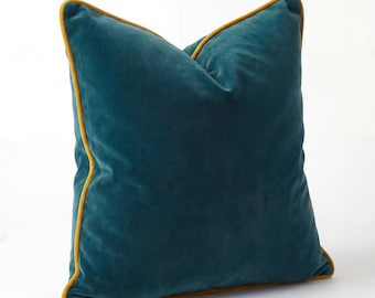 Federa per cuscino in velluto verde acqua con bordino senape, cuscino decorativo di lusso, cuscino moderno
