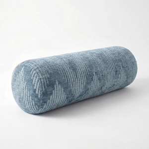 Blue Cut Velvet Bolster Pillow Cover, Textured Cylinder Cushion, Modern Designer Lumbar Pillow