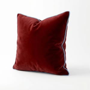 Burgundy Velvet Pillow Cover with Baby Blue Piping, Luxury Throw Pillow, Designer Accent Cushion