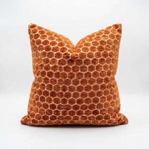 Op de afbeelding: Een vierkant decoratief kussen in een warme oranje tint, met een textuur van een honingraatpatroon. Het ontwerp is een herhalend patroon van kleine, onderling verbonden cirkels, waardoor een visueel aantrekkelijk en tastbaar oppervlak ontstaat. Het is een woondecoratie-artikel.