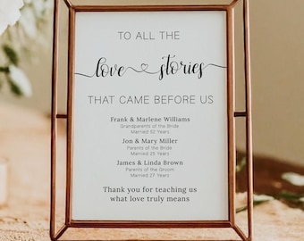To All The Love Stories That Came Before Us Sign, Editable Generations of Love Template for Wedding Decor