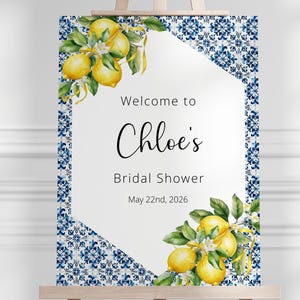 Lemon Bridal Shower Welcome Sign, Blue Tile Italian Download, Printable Mediterranean Decor for Events