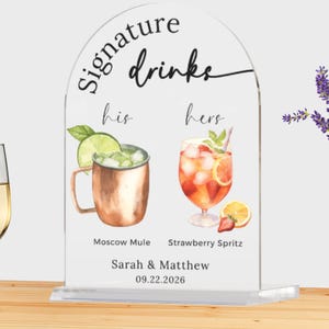 Signature Drinks Sign, Wedding Cocktails Menu, Gold Mirror Frosted Acrylic Bar Sign, His and Hers Drinks