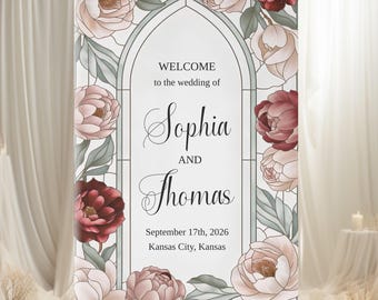Wedding Welcome Sign, Custom Arch Floral Stained Glass Sign, Wedding Entrance Decor, Vintage Wedding Style