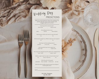 May include: A printable wedding day prediction game card with questions about the wedding ceremony and reception. The card has a white background with black text and is decorated with a floral design.