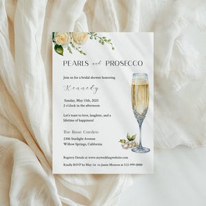 Pearls and Prosecco Bridal Shower Invitations, Elegant Digital Download Template, Simple Minimalistic Design  - PP308