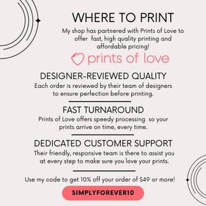 May include: A promotional graphic with the text "WHERE TO PRINT" and details about partnering with "Prints of Love" for printing services. The graphic highlights designer-reviewed quality, fast turnaround, and dedicated customer support.