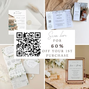 May include: A collection of wedding stationery, including invitations, RSVP cards, and a framed sign. The invitations feature floral designs and elegant fonts. The sign reads "To All The Love Stories That Came Before Us". A QR code offers a discount.