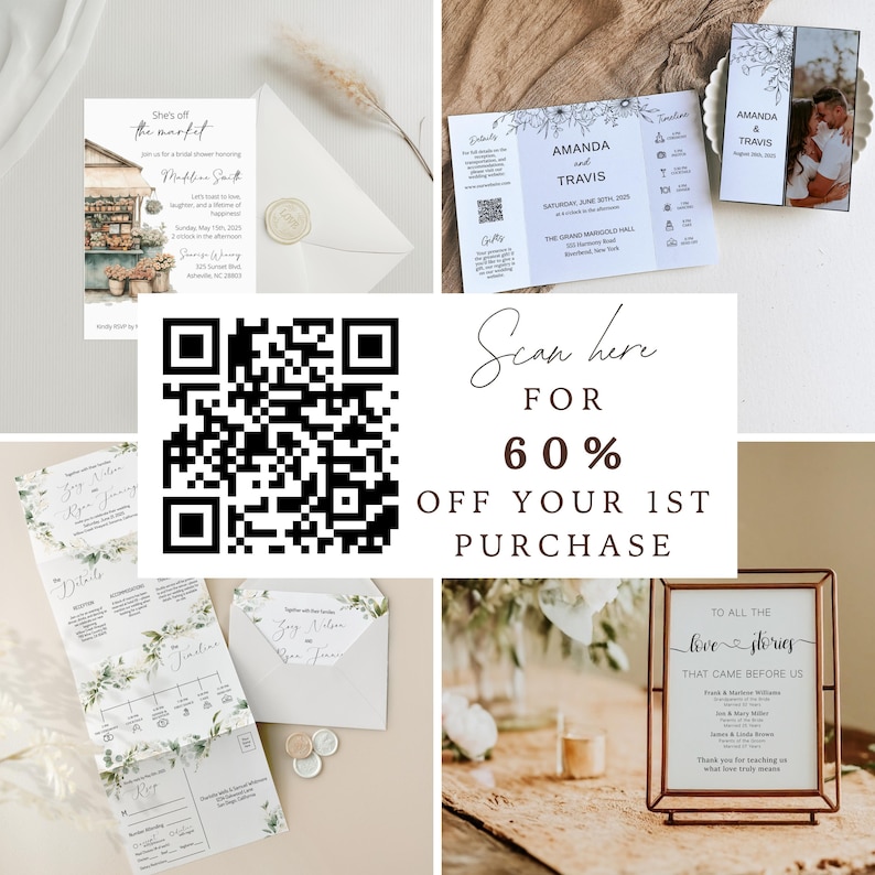 May include: A collection of wedding stationery, including invitations, RSVP cards, and a framed sign. The invitations feature floral designs and elegant fonts. The sign reads "To All The Love Stories That Came Before Us". A QR code offers a discount.
