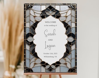 Schwarz, Weiß & Gold Hochzeit Willkommensschild Vorlage, benutzerdefinierte Glasmalerei-Dekor, personalisiertes Eingangsschild für Hochzeiten, Vintage-Design-Ideen