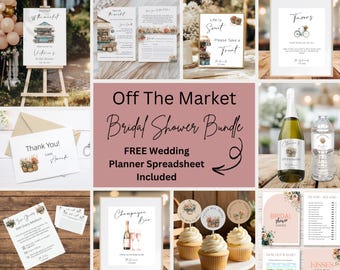 May include: A printable bridal shower bundle with a watercolor floral theme. The bundle includes a welcome sign, thank you cards, games, and decorations. The text "Off The Market Bridal Shower Bundle" is featured on the image.