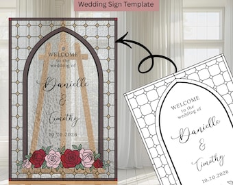 Faux Stained Glass Wedding Sign Template Rose Arch, Elegant DIY Design, Customizable Decor for Your Wedding Celebration