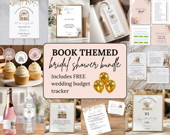 Book Themed Bridal Shower Bundle, Printable Games, Editable Invitations, Digital Download Party Decor - SBB20