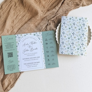 Faire-part de mariage gatefold, invitation élégante vert sauge, conception florale rustique de verdure, carte de mariage personnalisable