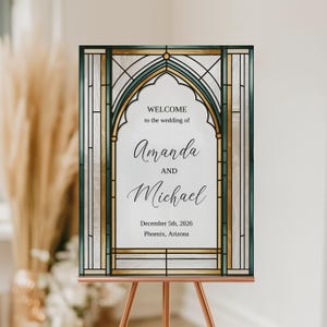 Wedding Welcome Sign, Custom Green and Gold Arch Stained Glass Sign, Wedding Entrance Decor, Vintage Wedding Style