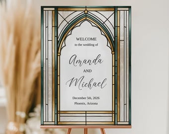 Hochzeit Willkommensschild, benutzerdefinierte Grün und Goldbogen Glasmalerei, Hochzeitseingangsdekor, Vintage-Hochzeitsstil