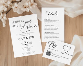 Nothing Fancy Just Love Photo Invite, QR Code Wedding RSVP, Editable Template for Your Special Day, Unique Design