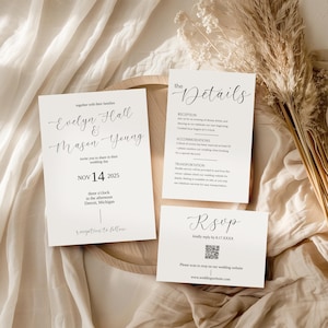 Minimalist Wedding Invitation Bundle QR Code, Minimal Invitation Template Set Modern Invite Suite Elegant Online Rsvp, Details Card TEMPLETT