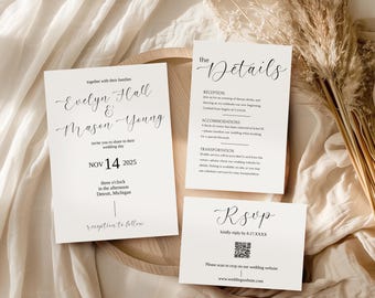 Paquete de invitaciones de boda minimalistas con código QR, conjunto de plantillas de invitación minimalistas, suite de invitaciones modernas, elegante RSVP en línea, tarjeta de detalles TEMPLETT