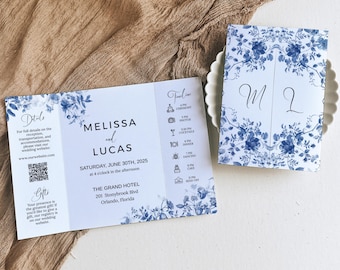 Dusty Blue Gatefold Invitation, Elegant Floral Wedding Invite, Printable Template, Custom Design for Your Big Day