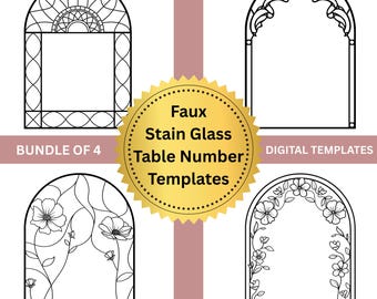 Faux Stained Glass Table Numbers Templates Wedding, Elegant DIY Decor, Floral Designs, Customizable Templates for Events, Bundle of 4