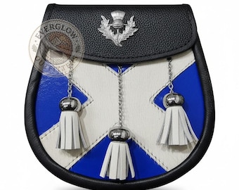Sporran de cuero escocés hecho a mano – Semi vestido Saltire Flag Kilt Sporran con cinturón de cadena