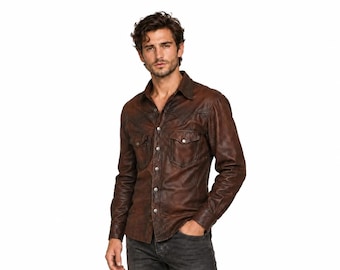 Camisa vaquera de hombre de piel de oveja color marrón chocolate, sobrecamisa con acabado encerado negro.