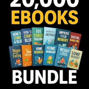 May include: An image of a bundle of ebooks, with titles such as "How to Start a Blog" and "Home Workout". The text "20,000 EBOOKS BUNDLE" is prominently displayed, with "EBOOKS" in yellow and the word "BUNDLE" in white.