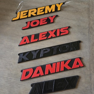 Peut inclure: Six étiquettes de nom personnalisées avec différents noms, dont "Jeremy", "Joey", "Alexis", "Kypto", "Danika" et "Alex". Les étiquettes sont en plastique noir et rouge avec un effet 3D. Chaque étiquette a un petit anneau métallique pour l'accrocher.