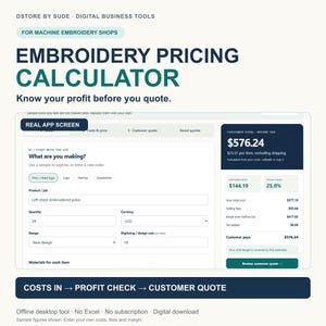 Puede incluir: Una herramienta digital de cálculo de precios de bordado para talleres de bordado a máquina. La interfaz muestra campos para detalles del trabajo, cantidad y costos, con un resumen que muestra un total de cliente de $576.24 y un margen del 25%.