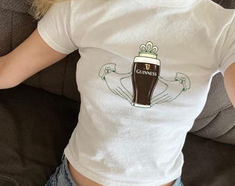 St Patrick's Day Guinness Claddagh Baby Tee for Women, Saint Patrick T-shirt Shamrock Bar Crawl Outfit