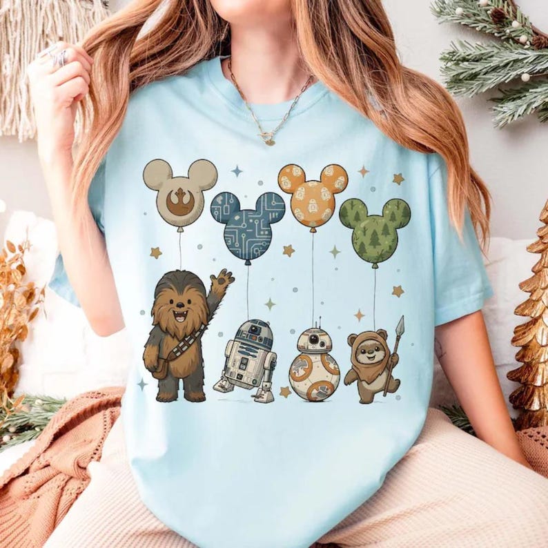 Retro Chewbacca R2D2 BB8 Ewok ballongtröja, Disney Star Wars ballongtröja, Star War Disneyland semestertröja, Star Wars presenttröja, Baby Yoda bild 4