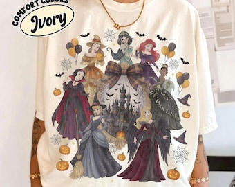 Camiseta retro de Halloween de princesas Disney con lazo coqueto, camiseta del castillo mágico, camiseta a juego para el viaje familiar a Disneyland con princesas.
