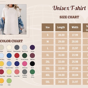 May include: Cream unisex t-shirt with a size chart and colour options. The size chart shows measurements in inches for length, width, and sleeve length. Colour options include white, sand, and various other colours.