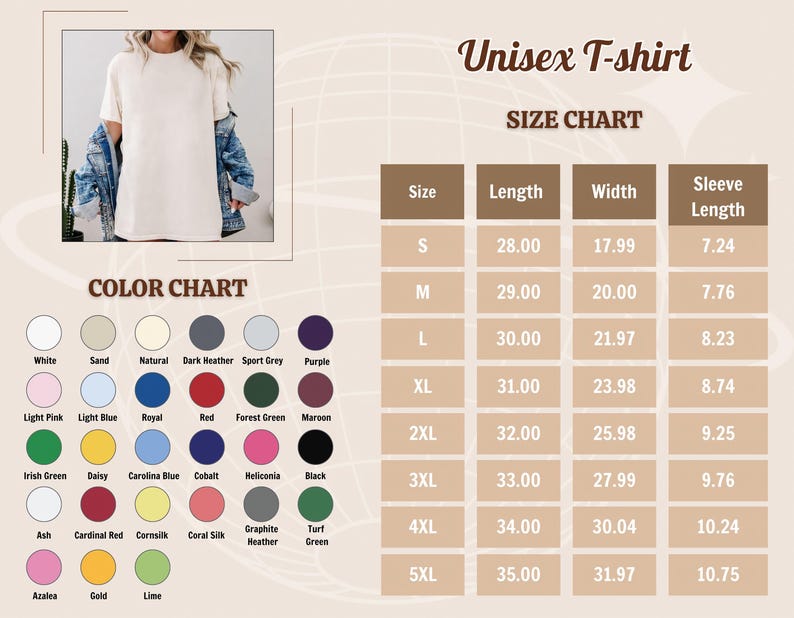 May include: Cream unisex t-shirt with a size chart and colour options. The size chart shows measurements in inches for length, width, and sleeve length. Colour options include white, sand, and various other colours.