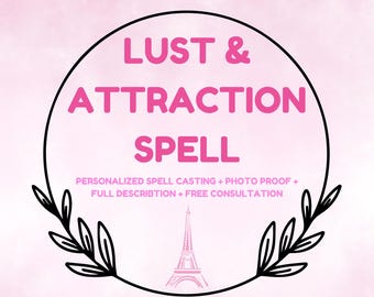 Puede incluir: Un gráfico rosa y blanco con un círculo negro que contiene el texto "LUST & ATTRACTION SPELL". Debajo del círculo está el texto "PERSONALIZED SPELL CASTING + PHOTO PROOF + FULL DESCRIPTION + FREE CONSULTATION". Una silueta negra de la Torre Eiffel está debajo del texto.