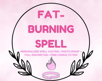 May include: Pink graphic with the words "FAT-BURNING SPELL" in a black circle, with additional text below. The image includes a flame and a measuring tape. The background is a light pink gradient.